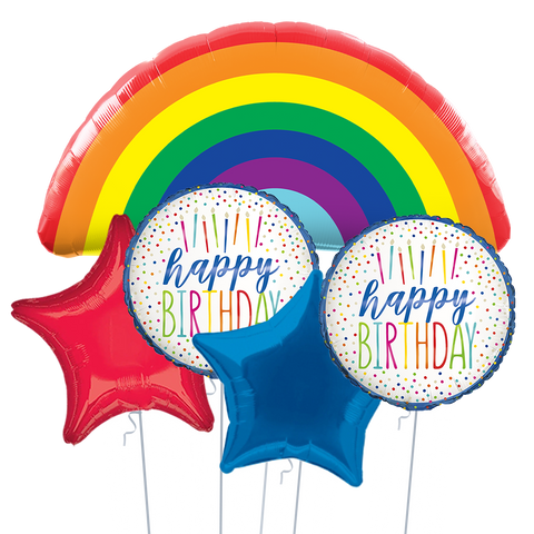 Rainbow Birthday balloons, inflated with helium.