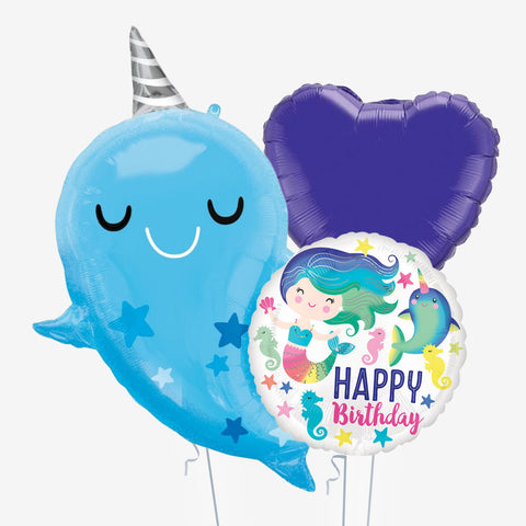 Purple Narwhal Birthday & Heart Balloons