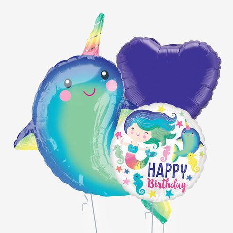 Purple Narwhal Birthday & Heart Balloons