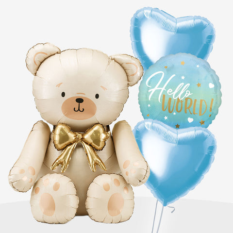 Gold Sitting Bear Blue Hello World Heart Balloons