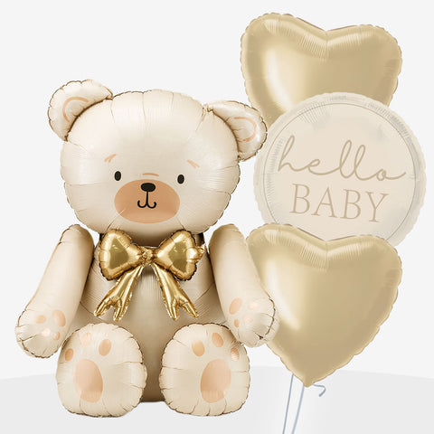 Gold Sitting Bear New Baby Balloons | Box Balloons | Next-Day Balloon Delivery