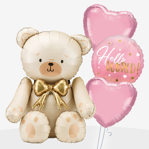 Gold Sitting Bear Pink Hello World Heart Balloons