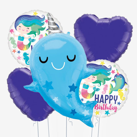 Purple Narwhal Birthday & Heart Balloons