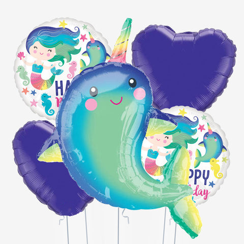 Purple Narwhal Birthday & Heart Balloons