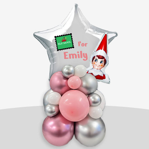 Personalised Pink Naughty Elf Arrival Balloon Stack