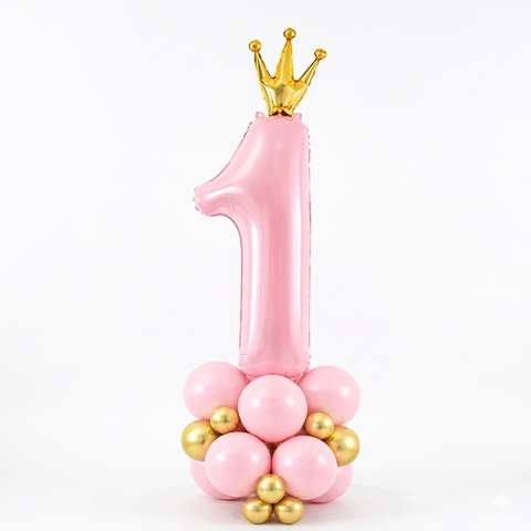 Pink 1st Birthday Crown Number Balloon Stack