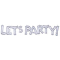 Silver foil balloon letters spelling out 'LET'S PARTY!' on a plain white background.